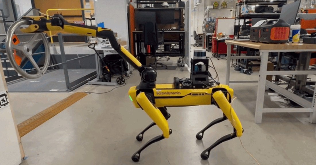 Quadruped robot using an arm to interact with industrial equipment